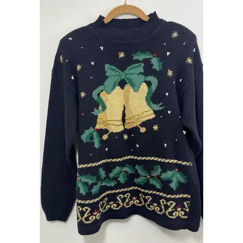 Vtg Panther Ugly Christmas Sweater Black Gold Bows Holiday Holly Medium Green