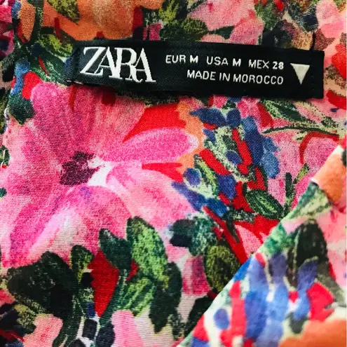 ZARA  Pink Floral‎ Draped Long Puff Sleeve Ruffle Mini Dress Size M Blogger Fav