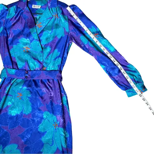 Vintage Floral Jacquard Belted Midi Dress Blue Teal Purple Women’s Small Retro