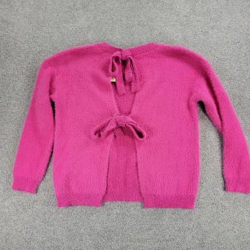 ee:some  Womens Back Tie Sweater Medium Pink Eyelash Faux Fur Ribbed Trim NEW