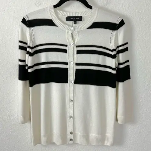 St. John Wool Cashmere Cardigan Sweater Set Black White Gold Stripe Size Small