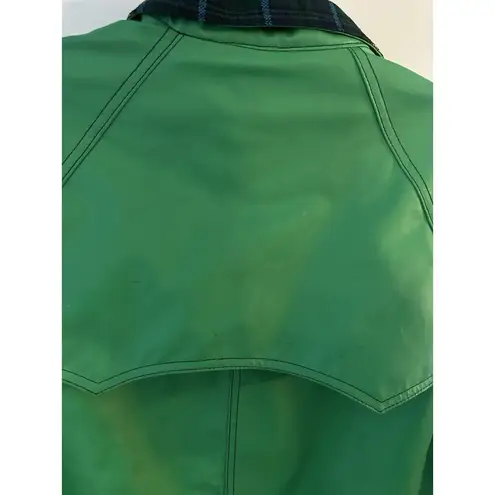 VTG 80s Lot One Inc of Boston Green Rain Coat PVC Tartan Liner Medium ROCKABILLY
