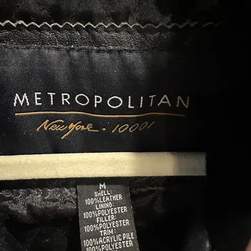 Vintage 90s Metropolitan New York Leather Jacket Fur Collar Cinched Waist Medium Black