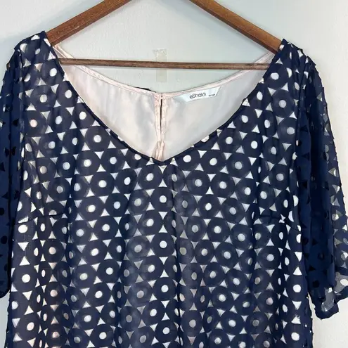 Eshakti Blouse Top 3X 24W Navy Blue Beige Geometric Short Sleeve V-Neck High Low