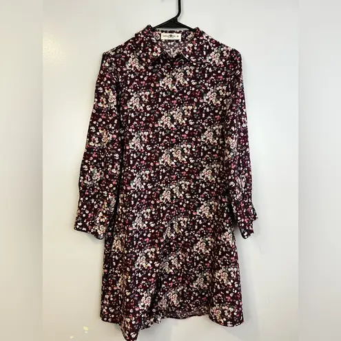 Natural Life  Twiggy Burgundy Floral Button Up Mini Shirt Dress Size Medium - Image 2