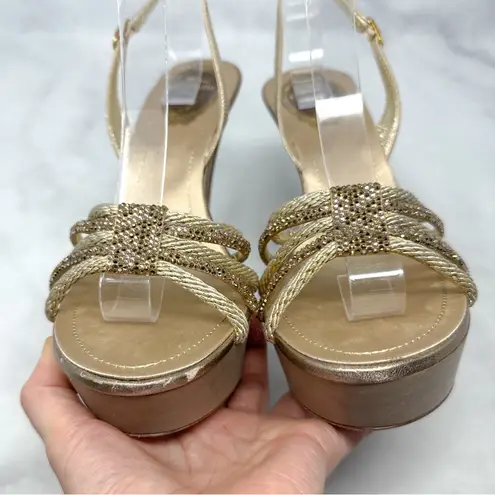 Rene Caovilla Silk Rhinestone Embellished Strappy Slingback Platform Sandal Heel Tan Size 9