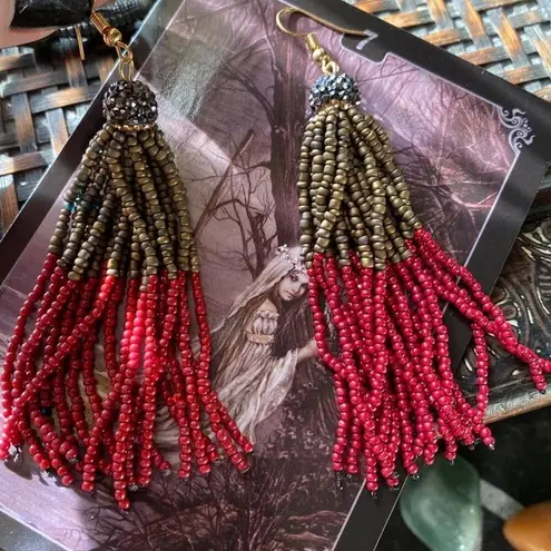 Red And Green Seed Bead Tassel Pave Crystal Earrings