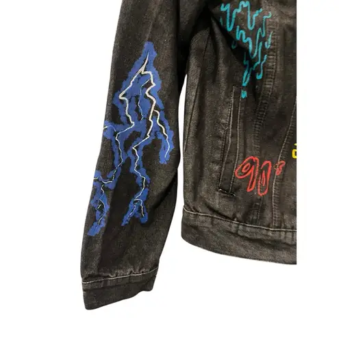 Brooklyn Cloth Graphic Design Black Denim Jacket Size Medium Casual Jean Trippy