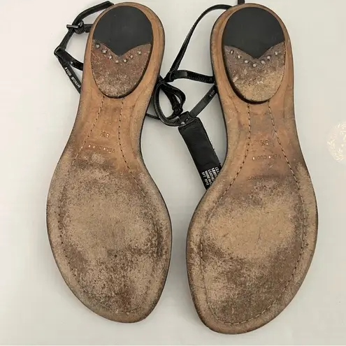 Brian Atwood Black Leather Flat Strappy Sandals Crystal Embellishments 8.5 / 39