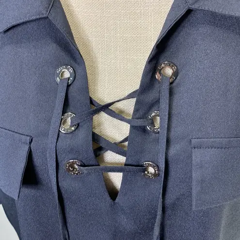 Calvin Klein  Gray/Blue Long Sleeve Front Lace Up Sheer Dress Shirt Large