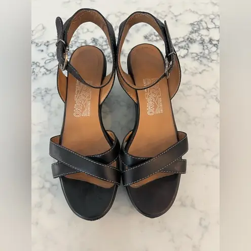 Salvatore Ferragamo Brown Leather Wedge Ankle Strap Sandals Size 8 1/2 EUC