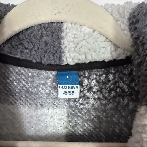 Old Navy  Women's Sz L Black White Buffalo Plaid Sherpa Fleece Pullover Sweater