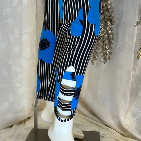 Mixit Blue Floral Stripe Cutout Leggings Pants Women's Size S