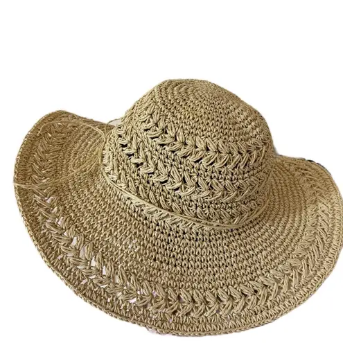 Scala Women’s Woven Crocheted Packable Raffia Paper Tan Sun Hat Bow One Size