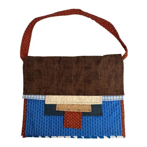 Handmade Quilted Patchwork Messenger Briefcase Bag Blue Red Brown OOAK - Image 1