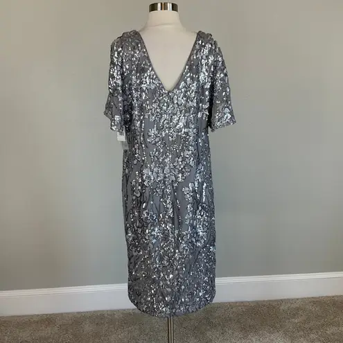 Alex Evenings Sequined Cocktail Dress Size 14W Silver Short Sleeve V-Neck Sheath - Image 4