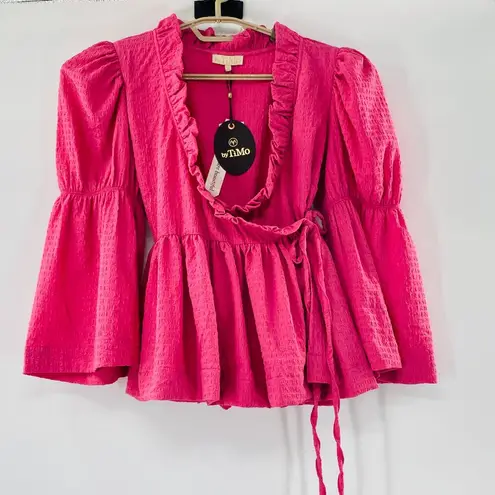 NEW byTiMo Bubble Wrap Crinkled Puffed Shoulder Blouse Pink Med Peasant Coquette