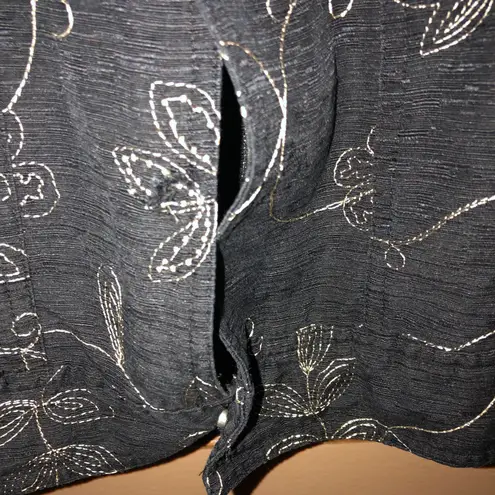 carole little 100% Silk Floral Embroidered Button Front Shirt Black 3X