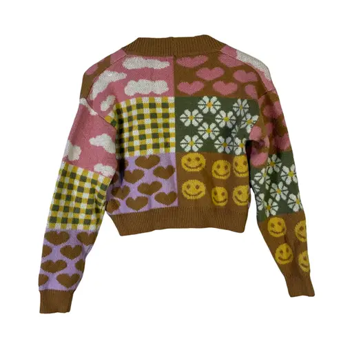 Debut Quirky Patchwork Cropped Cardigan Womens XS Brown Pink Retro Indie Whimsy