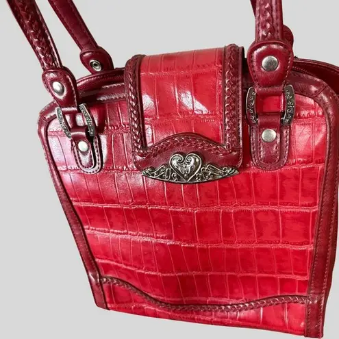 Marc Chantal Croc Embossed Faux Leather Handbag With Heart Accent Hardware Red