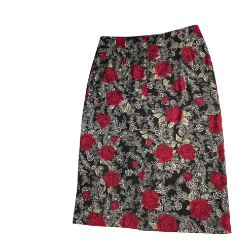 Briggs New York Vtg Skirt 14P Black Red Rose Floral Print Midi Pencil 1990s Y2K
