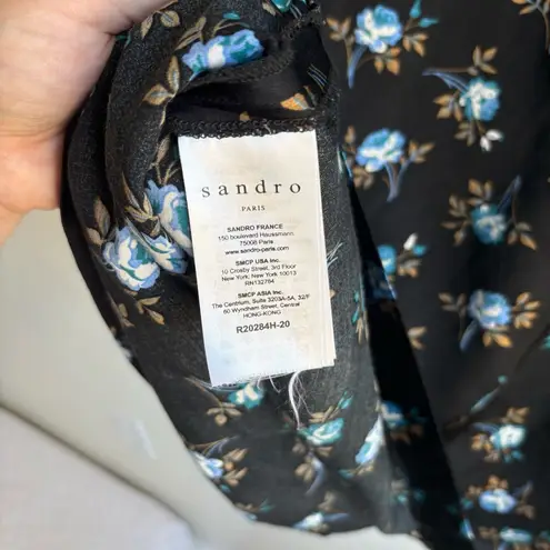 Sandro Paris Black Floral Button-Front Satin Dress- Size 38 (US 6) 100% Viscose