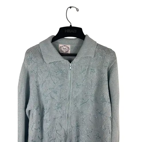 VTG Stitches In Time Women’s M Blue Floral Embroidered Zip Up Cardigan Sweater Size M