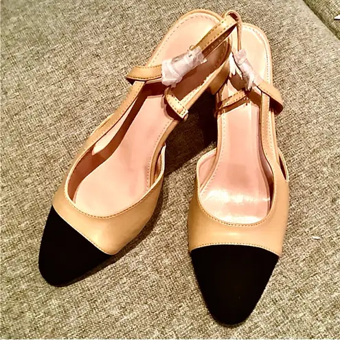 NWOB Carcuume Women's Slingback Heels, Two Tone Sexy Casual Low Chunky Heels. Tan Size 9