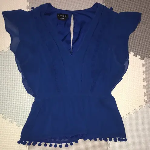 Bebe  Pom Ruffle Drop Waist Blouse Chiffon Top V-Neck Sheer Blue Work Career