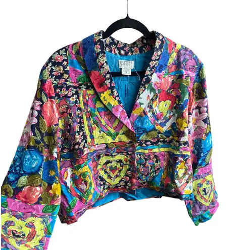 Vintage 1980's Patchwork Floral Heart Blazer Jacket Small Artsy Bohemian Folksy Blue