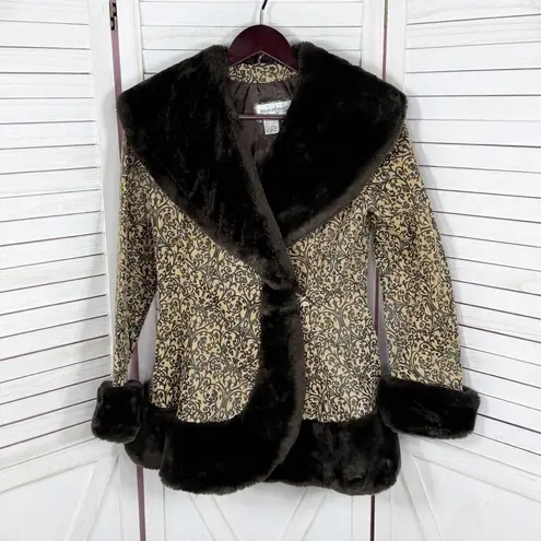 Newport News Vintage Embossed Faux Fir Trim Leather Princess Swing Coat Small