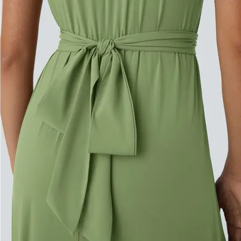 Halara V Neck Short Sleeve Pocket Tie Back Quick Dry Midi Casual Dress Green Lrg