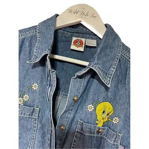 Looney Tunes Vintage Sleeveless Denim Top 90’s Tweety Bird Medium EUC Blue