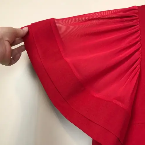 Windsor  Women’s Wide Mesh Flutter Sleeve Keyhole Front Red Blouse