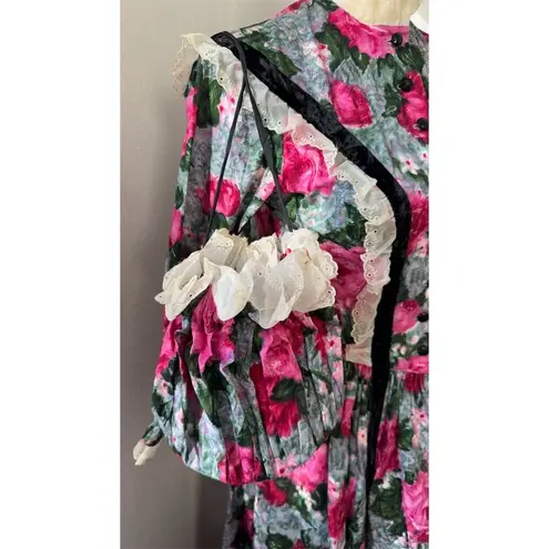 Handmade STUNNING Vintage Victorian Floral Dress Sun Hat Set Handbag Womens Sz S