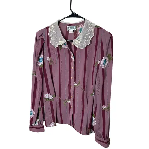 Vintage Campus Casuals Striped Floral Skirt and Blouse Outfit Size Small Purple