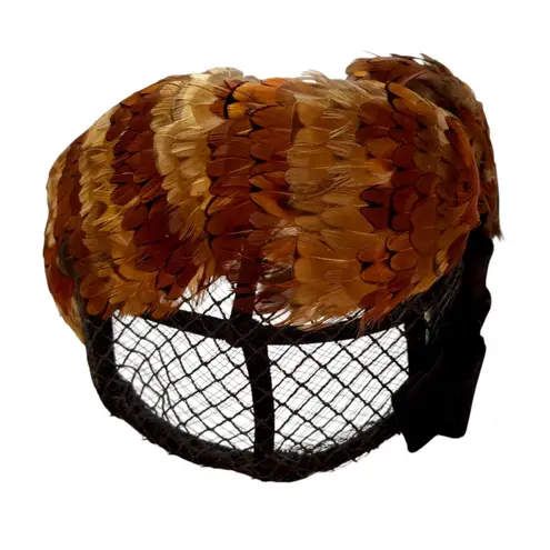 Vintage 1950's Feather Fascinator Hat Black Birdcage Veil 5.5" W x 14" L Brown