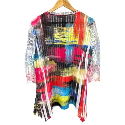 Impulse California Tunic Top XL Abstract Multicolor Sheer 3/4 Sleeve Boho Art