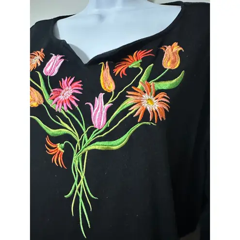 Bob Mackie Wearable Art Black Embroidered Floral V-Neck 3/4 Sleeve Top 1X