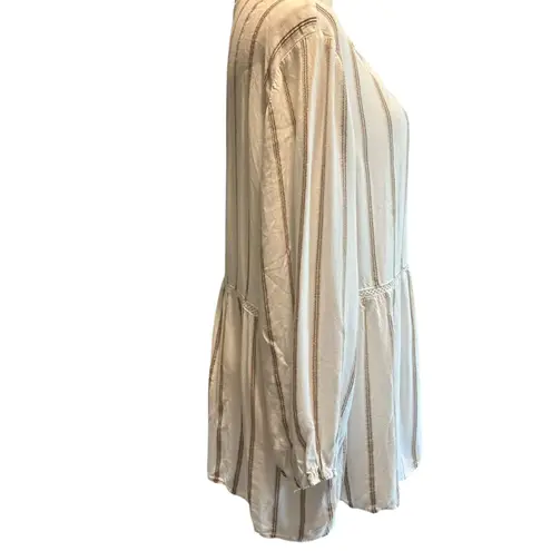 Fever Women's Tunic Blouse Top SZ XL Peasant Sleeve Cream Crochet Stripe Boho Brown