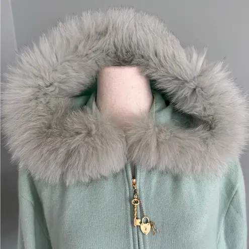 St. John Vintage/Rare Mint Green Cashmere Hooded Cardigan With Fox Fur Trim sz L - Image 8
