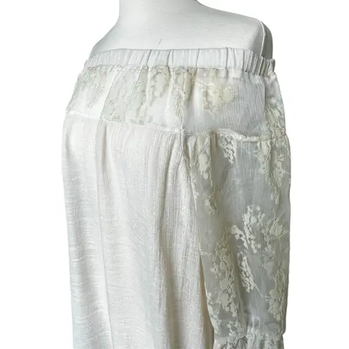 Cal Style Tunic Dress Off the Shoulder 3/4 Lace Sleeve Beige Boho Chic Festival Tan Size L