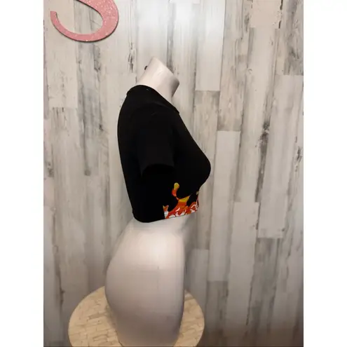Butterfly Flame Graphic Crop Top Black Stretch Tee Size XS