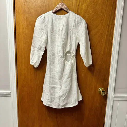 Dissh Beau White Linen Sleeved Mini Dress Cinched Circle Cutout US 2