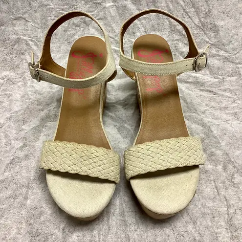 Jellypop Linen Cork Wedge High Heel Strap Sandals with Silver Buckles Size 10