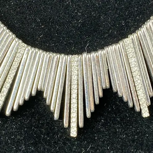 Vintage Silver Tone Rhinestone Brutalist Art Deco Bib Necklace Metal Fringe