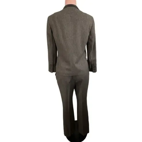 Akris Punto  Wool Suit with Leather Trim Herringbone Size 10 Blazer Pants