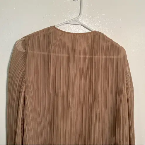 Long Sleeve Pleated Plisse Blouse Tan Brown Lace Hem Size L