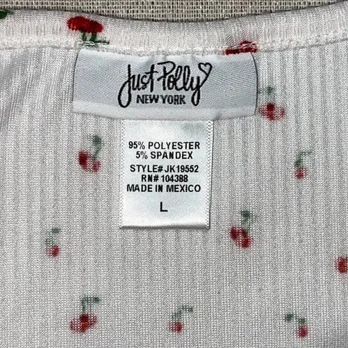 Just Polly | Cherry Print Ribbed Crop Top | Large White