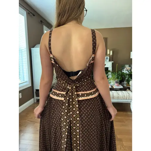 Gunne Sax 70's rare brown pink prairie maxi lace corset sundress cottagecore XS